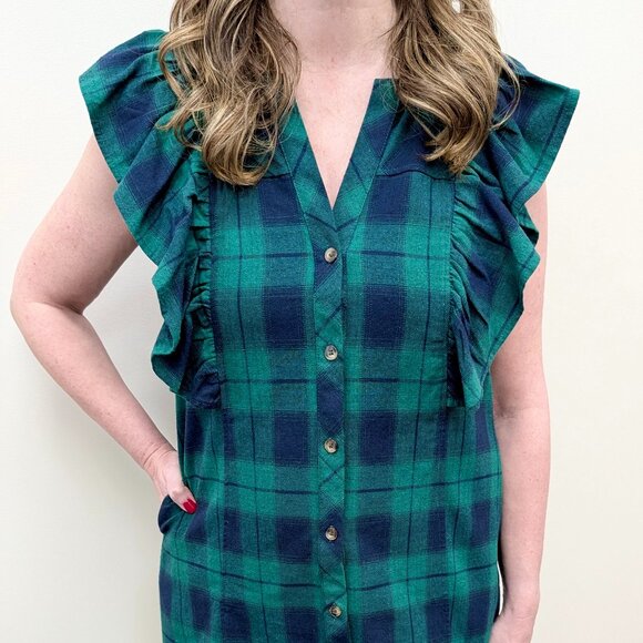 Women's Green Navy Tartan Plaid Mini Dress Entro Size Large NWT - Picture 3 of 5